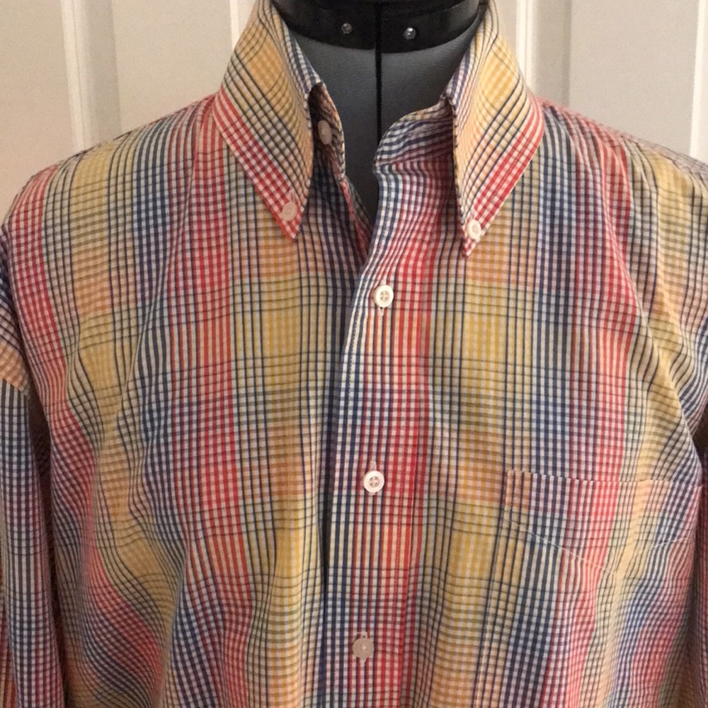 Alan Flusser Plaid Cotton Shirt Multicolor Yellow Blue Red Size Large L